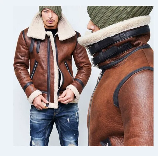 2018 Winter Thick Fleece Leather Jacket Men Wool Lined Leather Coat