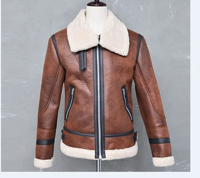 2018 Winter Thick Fleece Leather Jacket Men Wool Lined Leather Coat