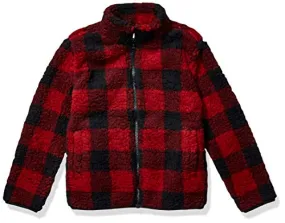 Amazon Essentials Girl's Polar Fleece Lined Sherpa Full-Zip Jacket, Red Buffalo Check, Small