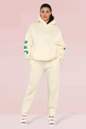 Beige Casual Hooded Letter Printing Fleece Hoodie & Elastic Waist Sweatpants Co-ord