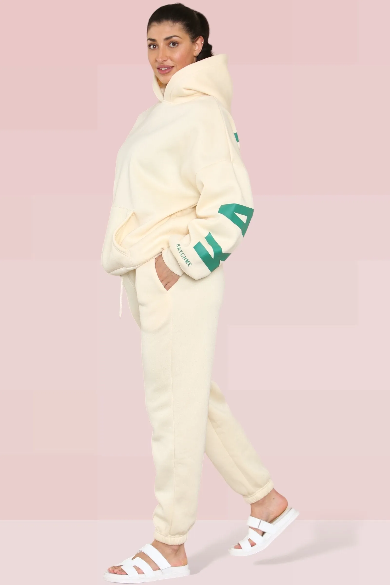 Beige Casual Hooded Letter Printing Fleece Hoodie & Elastic Waist Sweatpants Co-ord