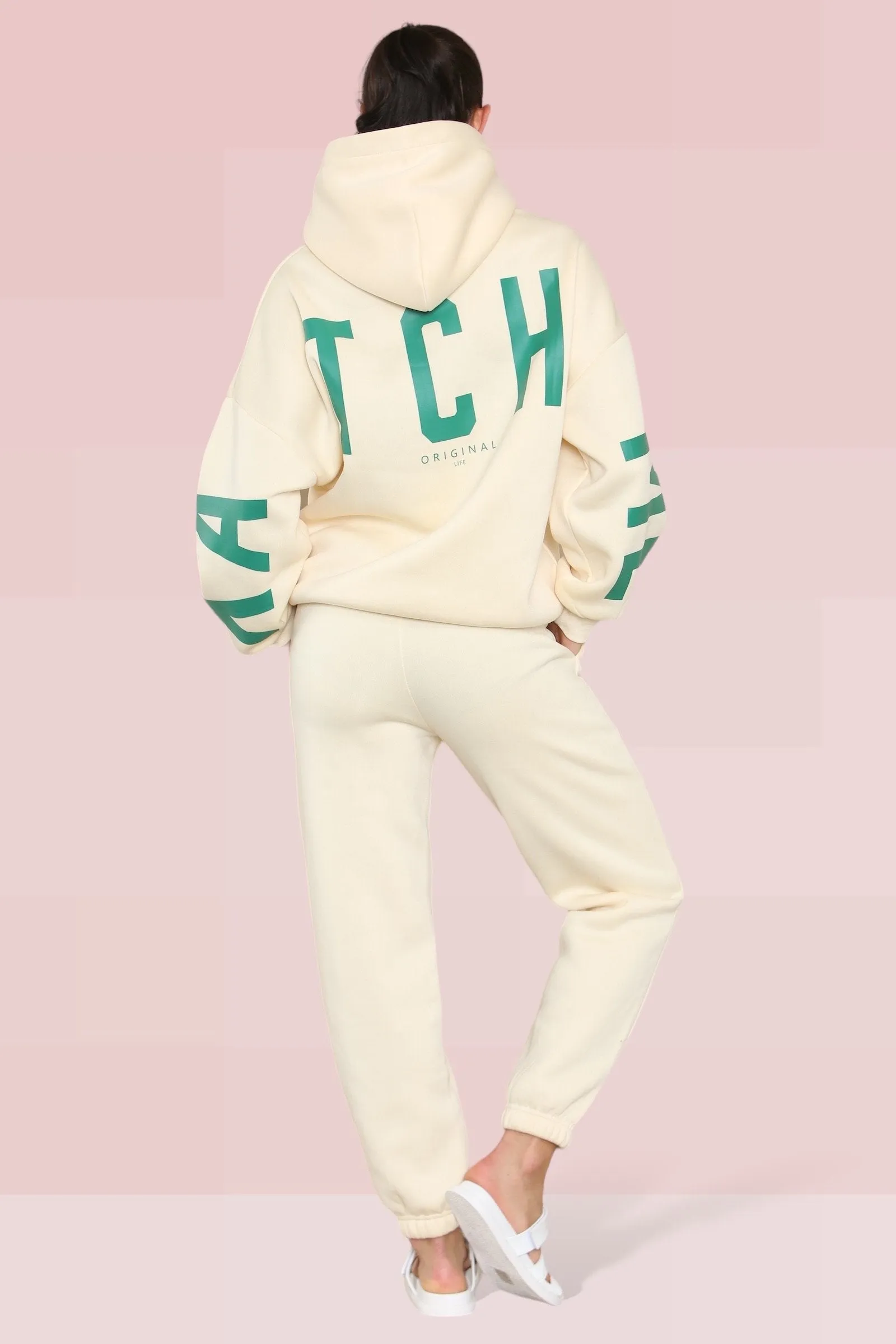 Beige Casual Hooded Letter Printing Fleece Hoodie & Elastic Waist Sweatpants Co-ord