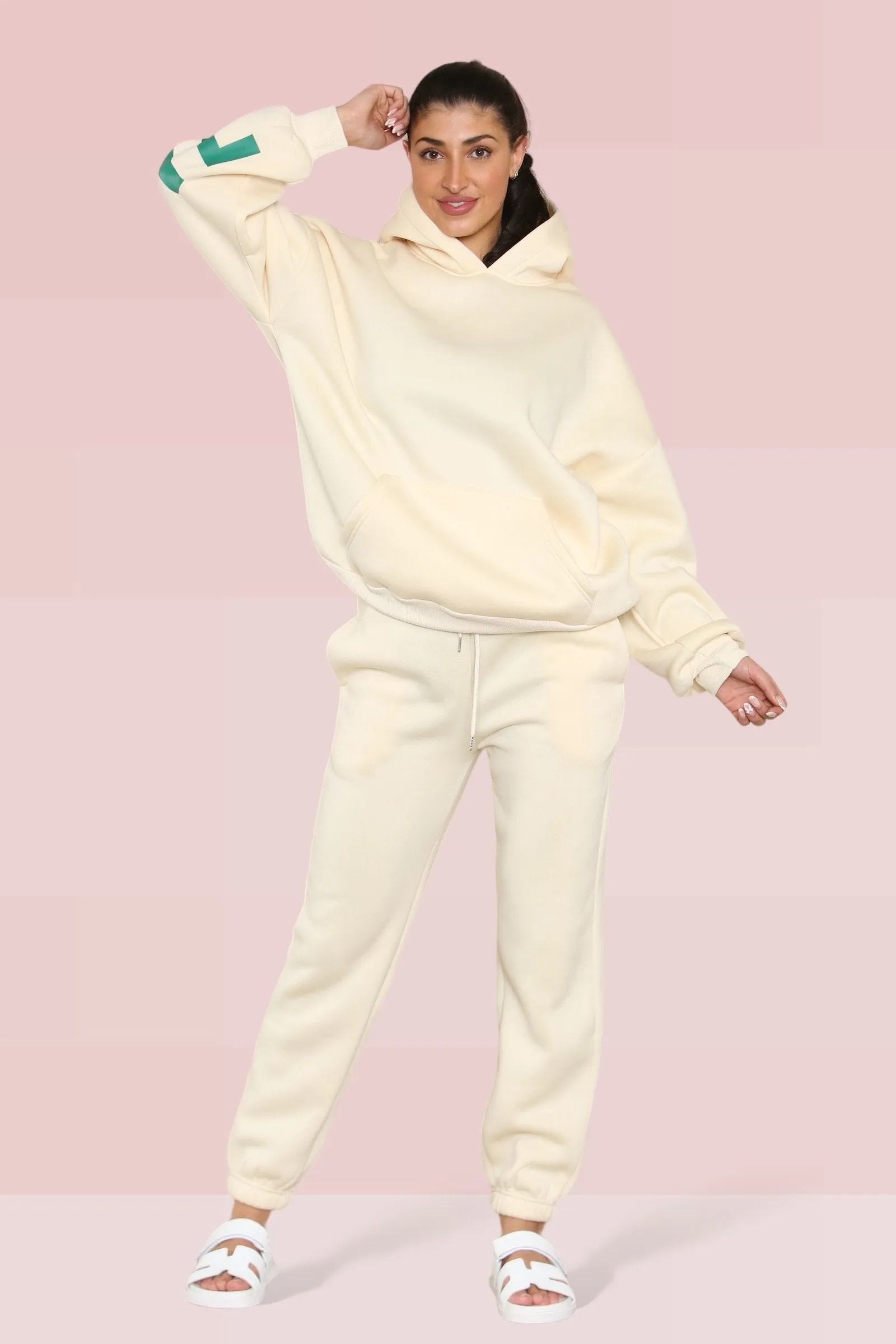 Beige Casual Hooded Letter Printing Fleece Hoodie & Elastic Waist Sweatpants Co-ord