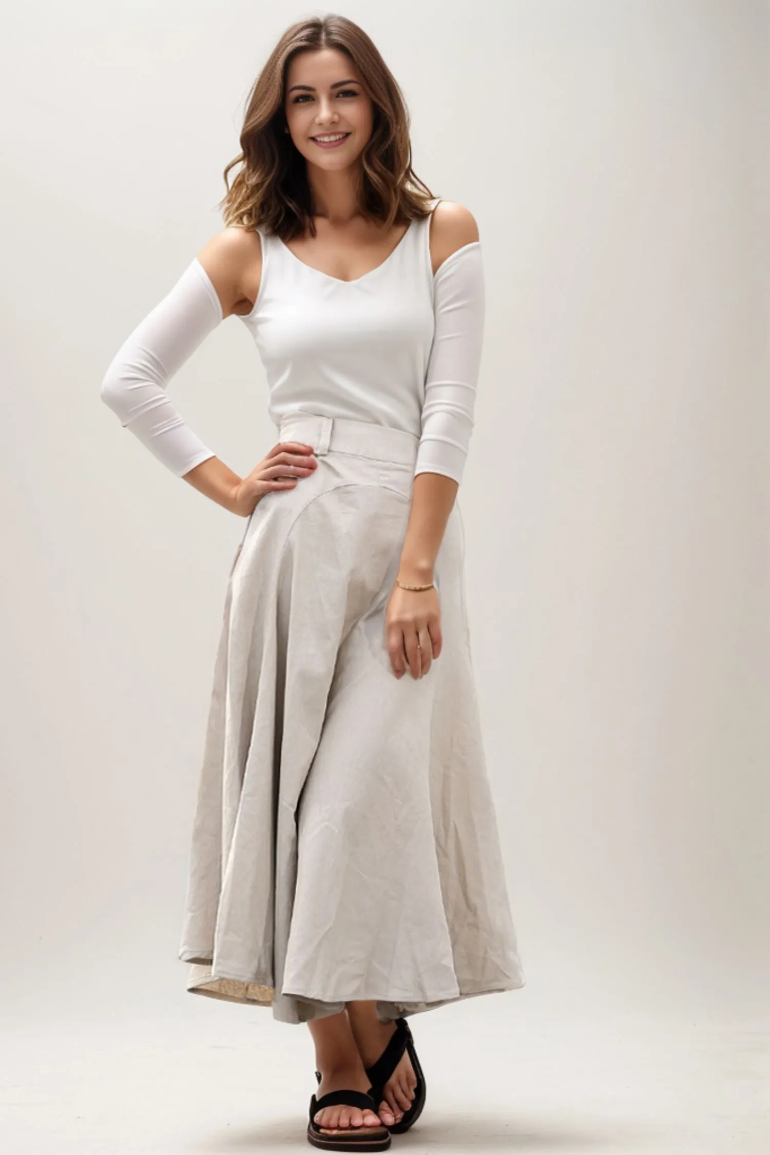 Beige Linen Skirt - Modern Casual Everyday Flattering Slim-Fitted Calf Length Versatile Woman's Skirt C290