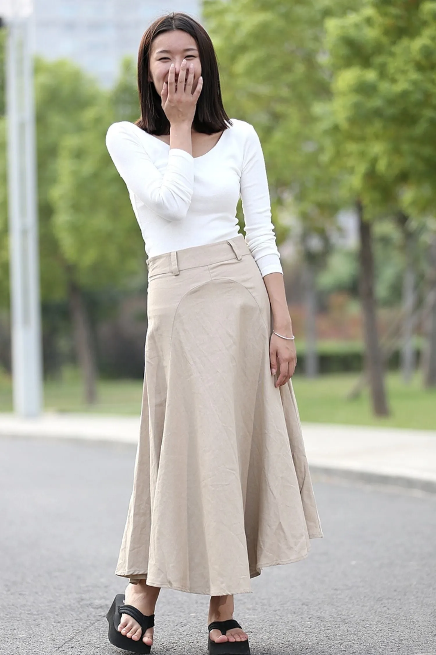 Beige Linen Skirt - Modern Casual Everyday Flattering Slim-Fitted Calf Length Versatile Woman's Skirt C290