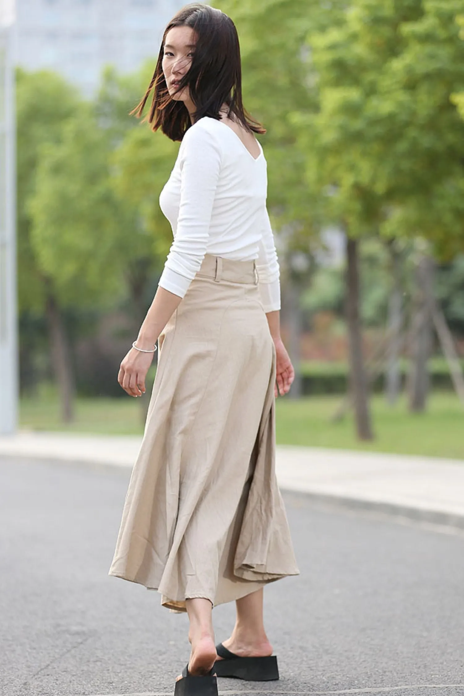 Beige Linen Skirt - Modern Casual Everyday Flattering Slim-Fitted Calf Length Versatile Woman's Skirt C290