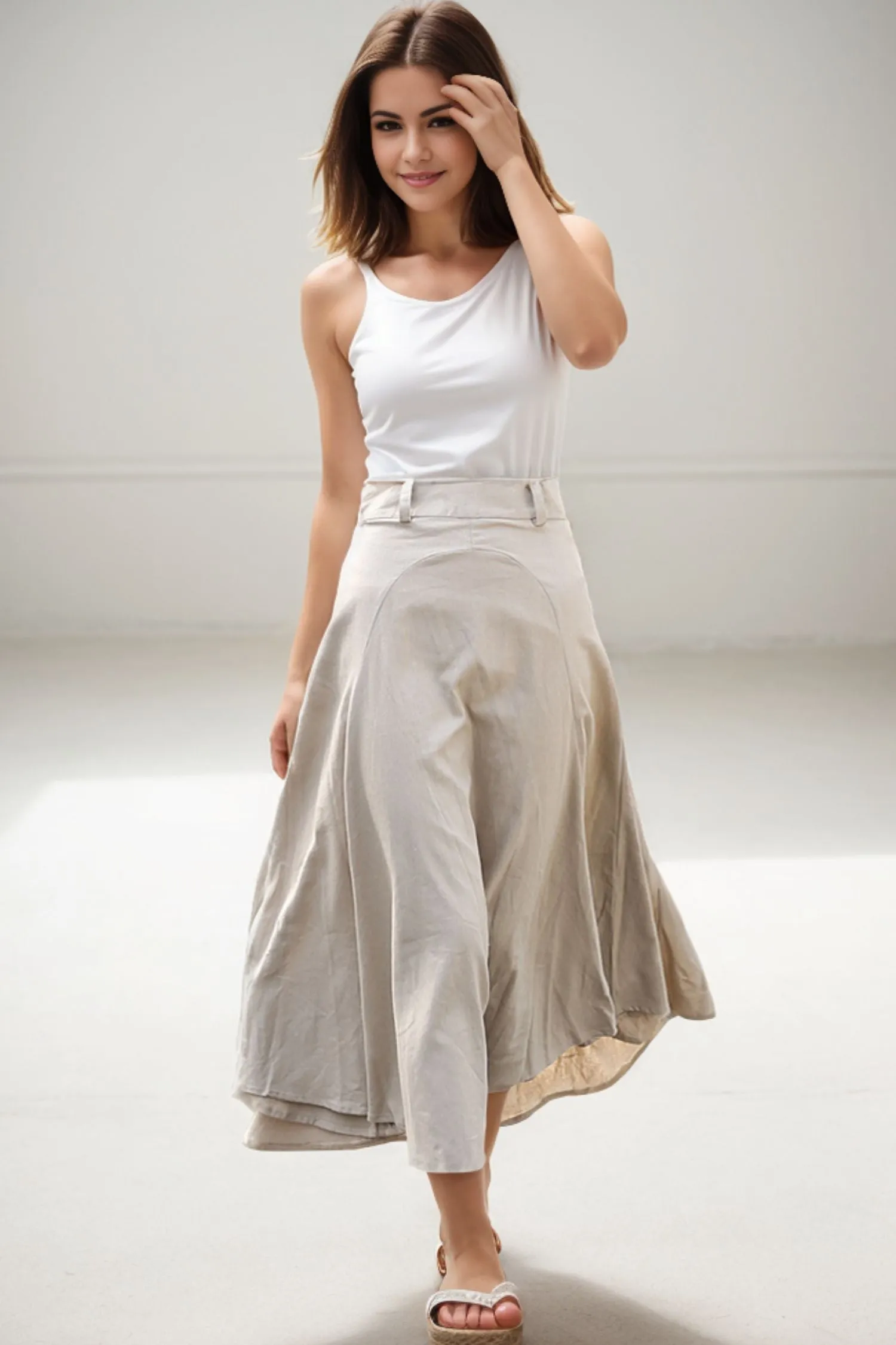 Beige Linen Skirt - Modern Casual Everyday Flattering Slim-Fitted Calf Length Versatile Woman's Skirt C290