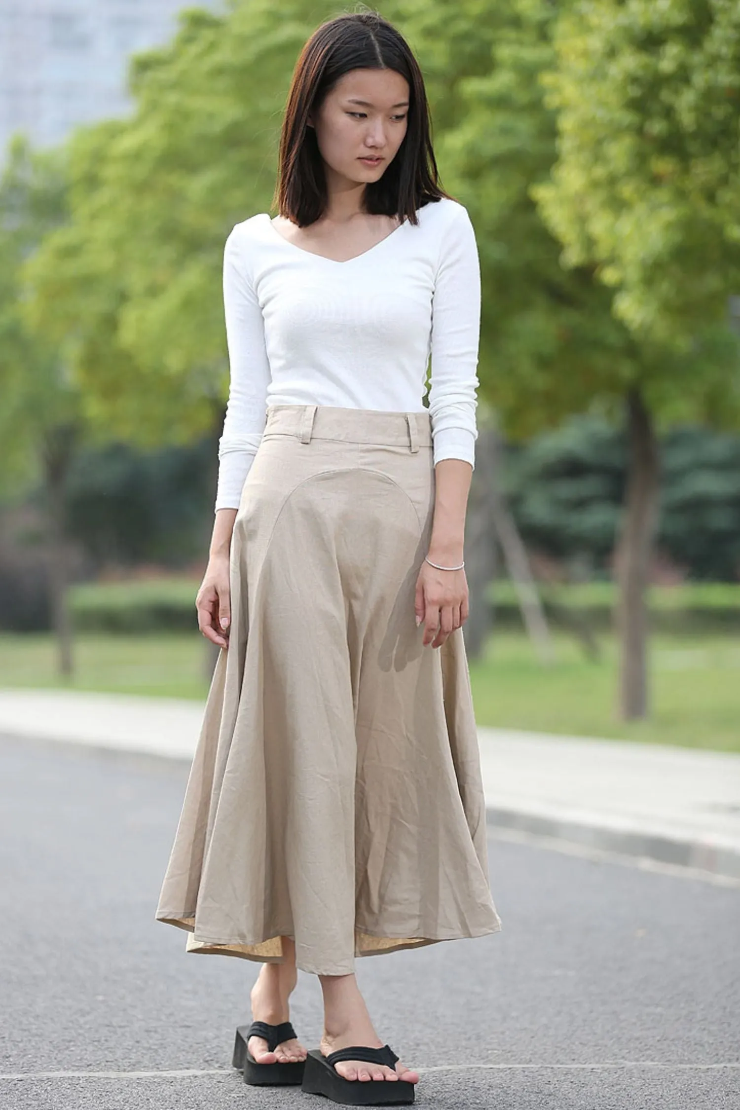 Beige Linen Skirt - Modern Casual Everyday Flattering Slim-Fitted Calf Length Versatile Woman's Skirt C290