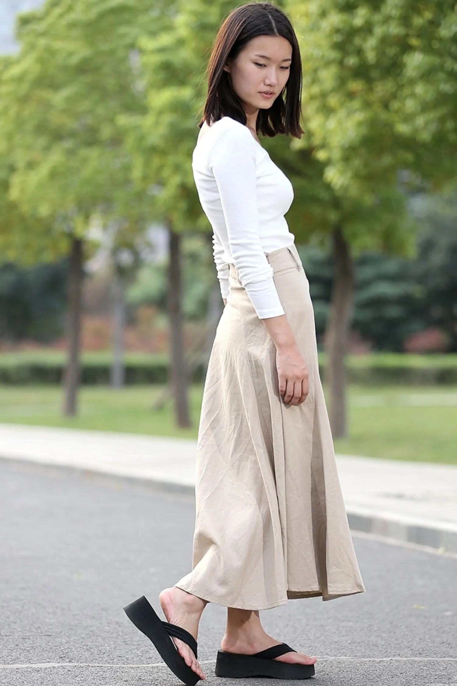 Beige Linen Skirt - Modern Casual Everyday Flattering Slim-Fitted Calf Length Versatile Woman's Skirt C290