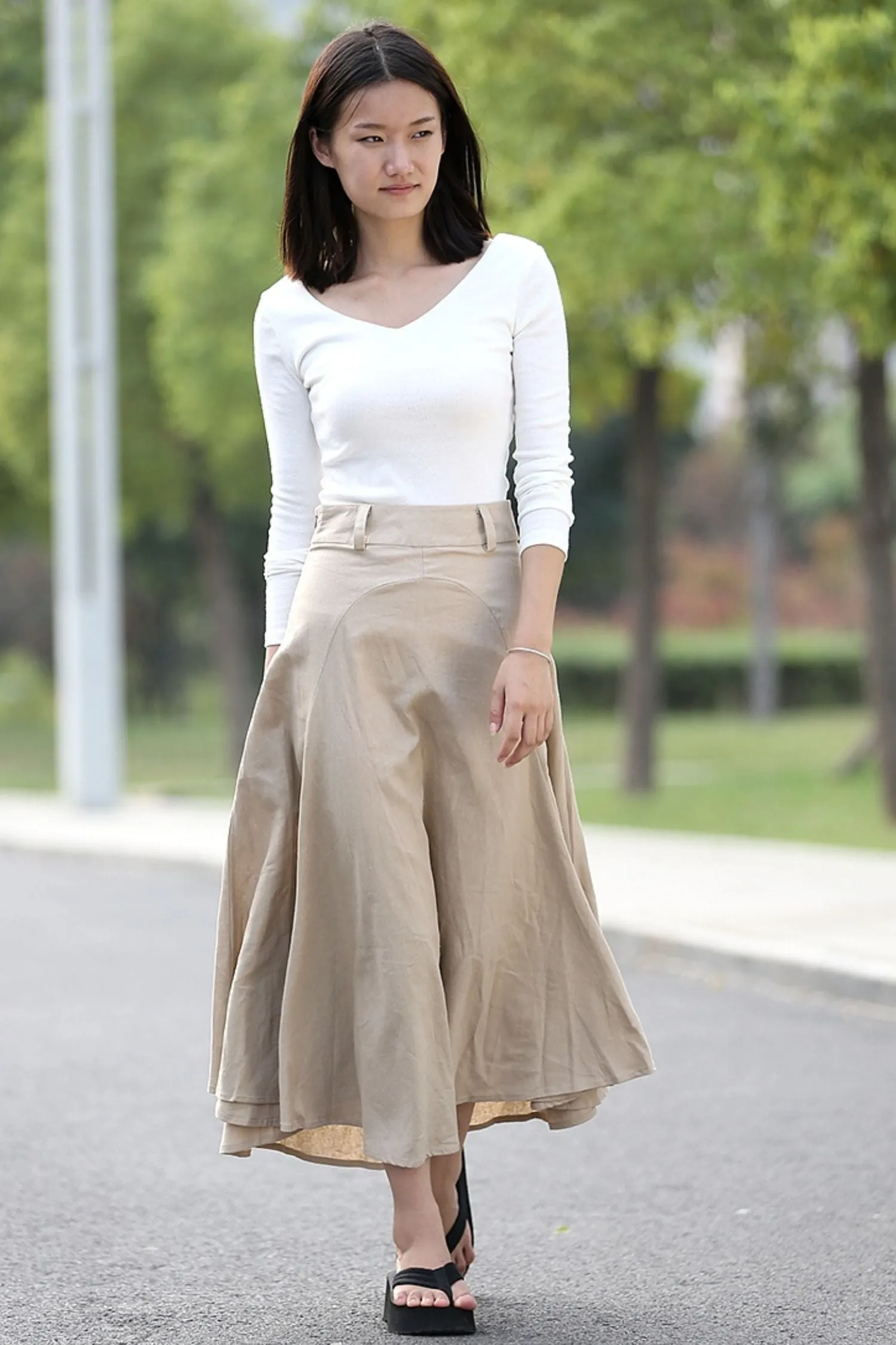Beige Linen Skirt - Modern Casual Everyday Flattering Slim-Fitted Calf Length Versatile Woman's Skirt C290