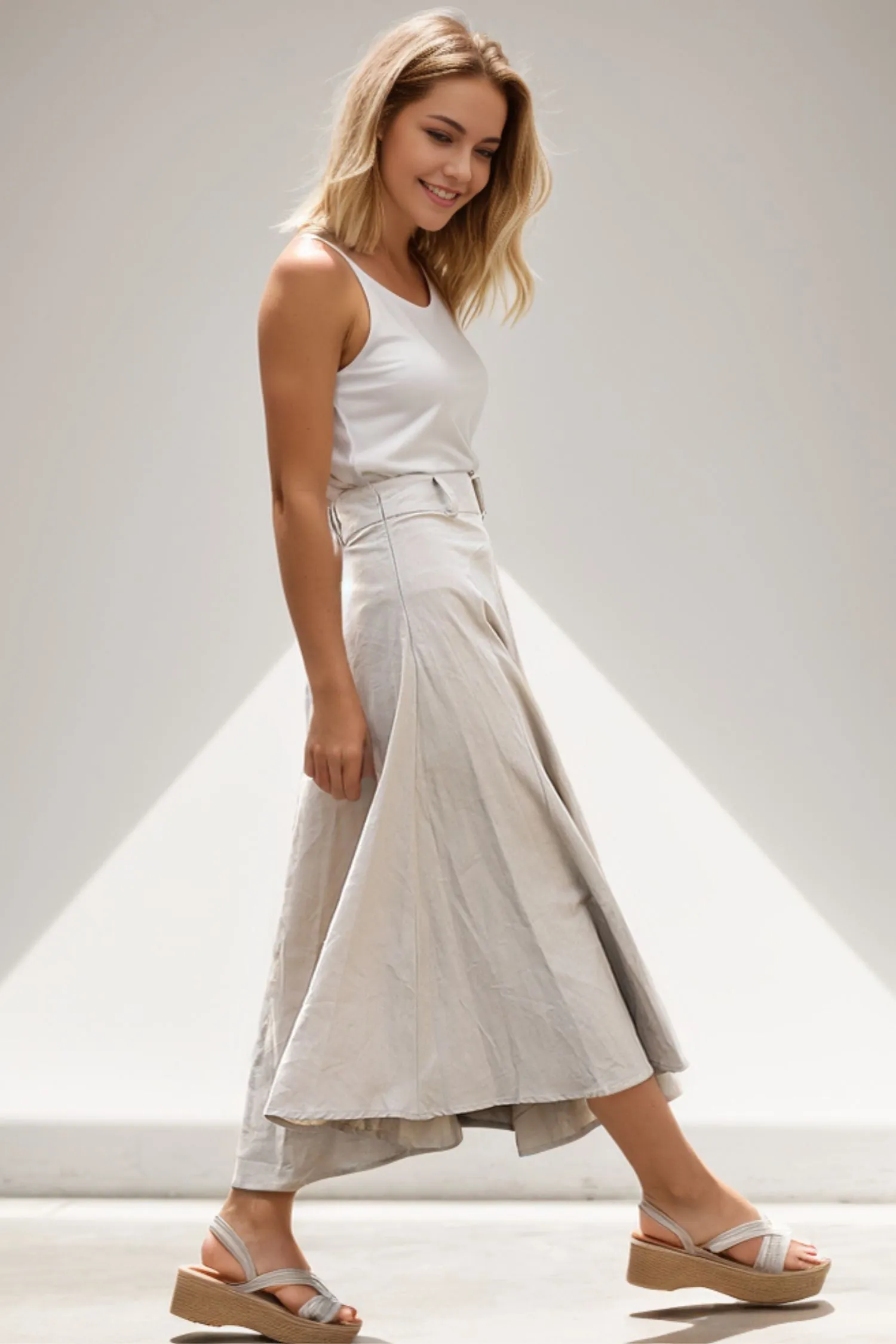 Beige Linen Skirt - Modern Casual Everyday Flattering Slim-Fitted Calf Length Versatile Woman's Skirt C290
