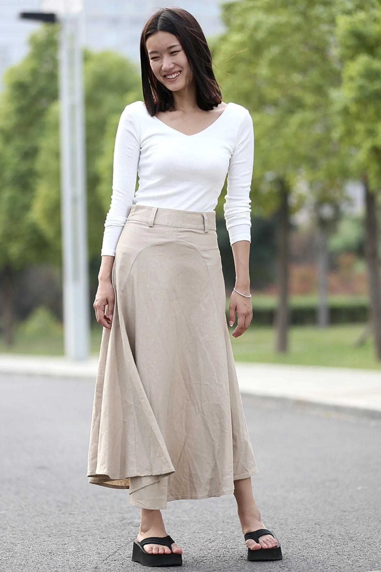 Beige Linen Skirt - Modern Casual Everyday Flattering Slim-Fitted Calf Length Versatile Woman's Skirt C290