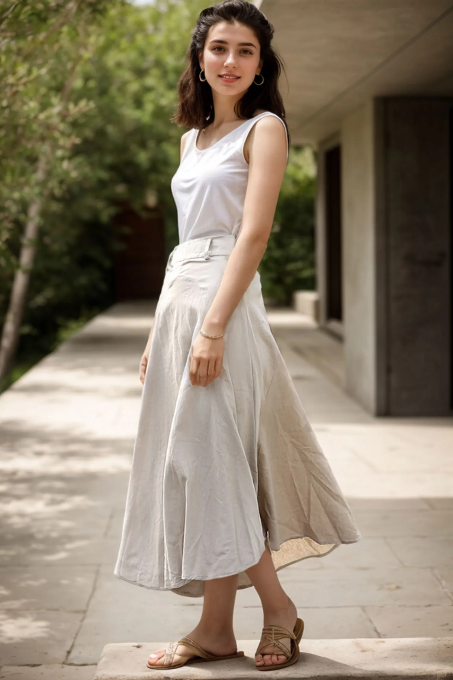 Beige Linen Skirt - Modern Casual Everyday Flattering Slim-Fitted Calf Length Versatile Woman's Skirt C290