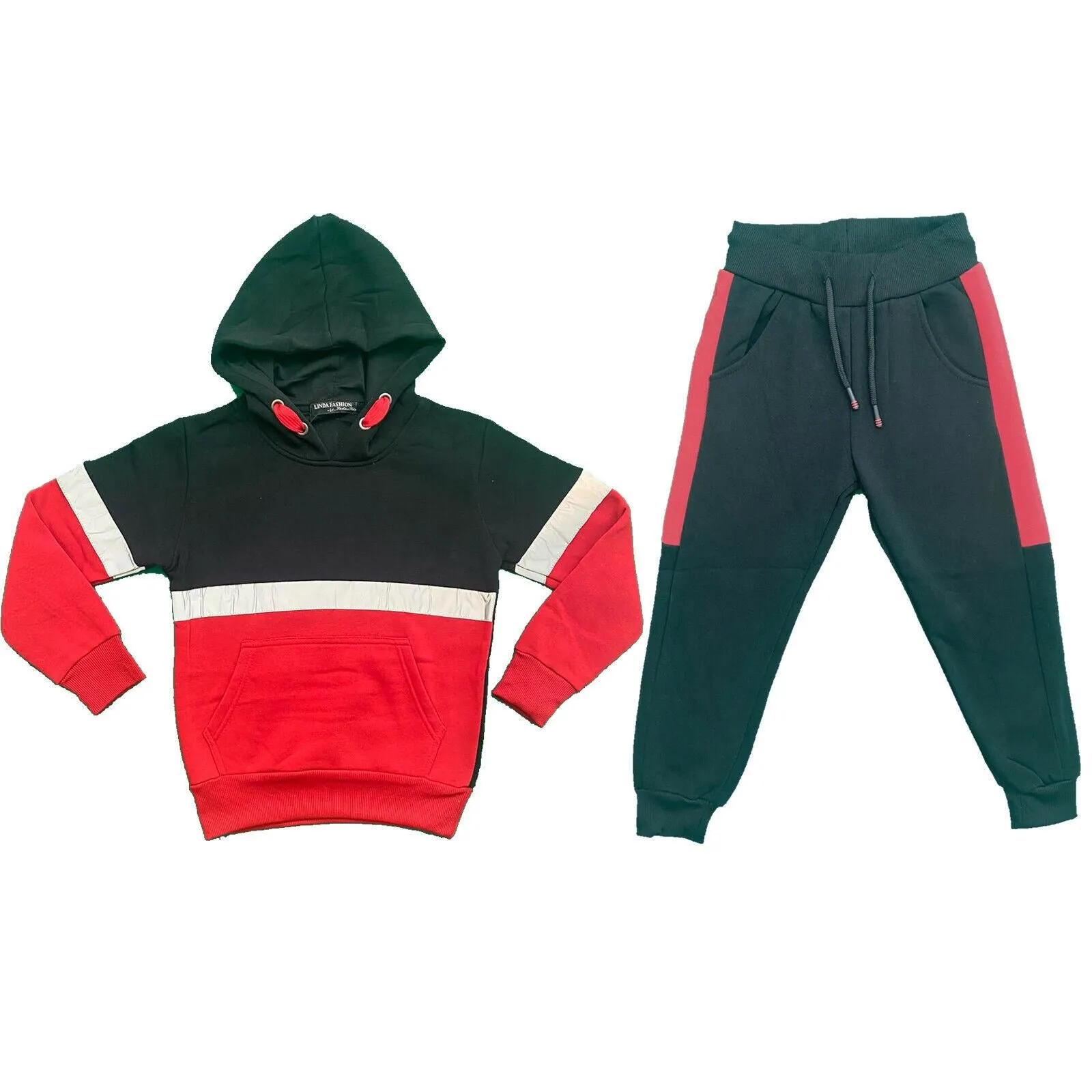 Boys Kids Tracksuit Panel Hoodie Joggers Jogging Bottoms Outfit Set Reflective