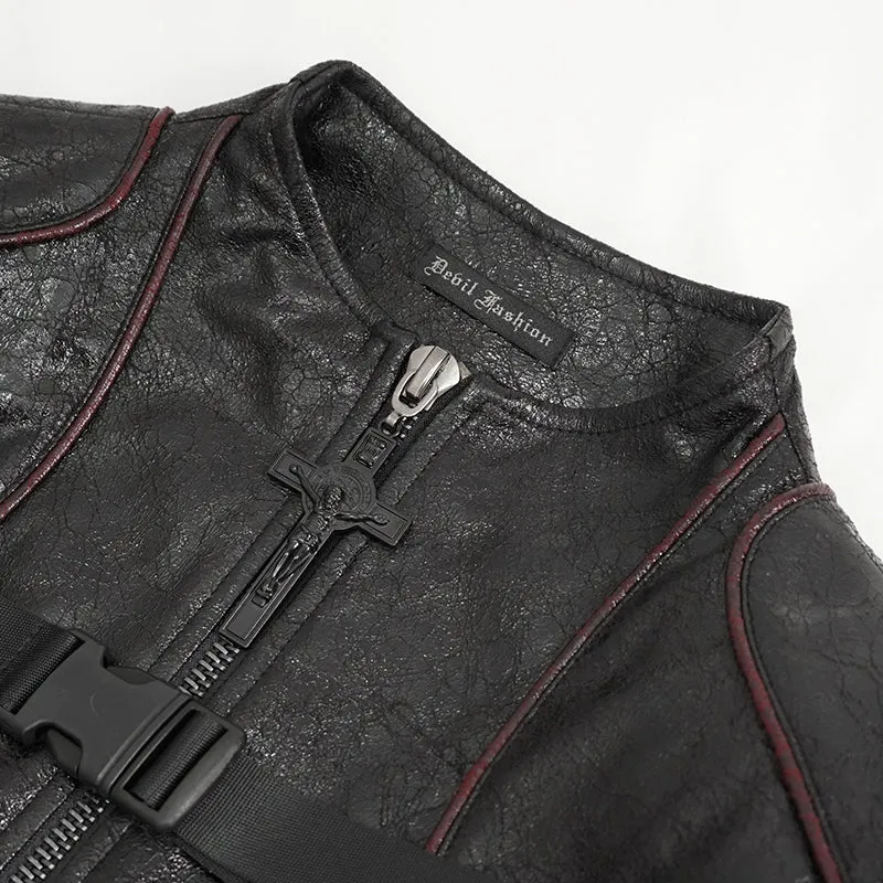 CT21301 Irregular rubberized faux leather contrasting stripe jacket