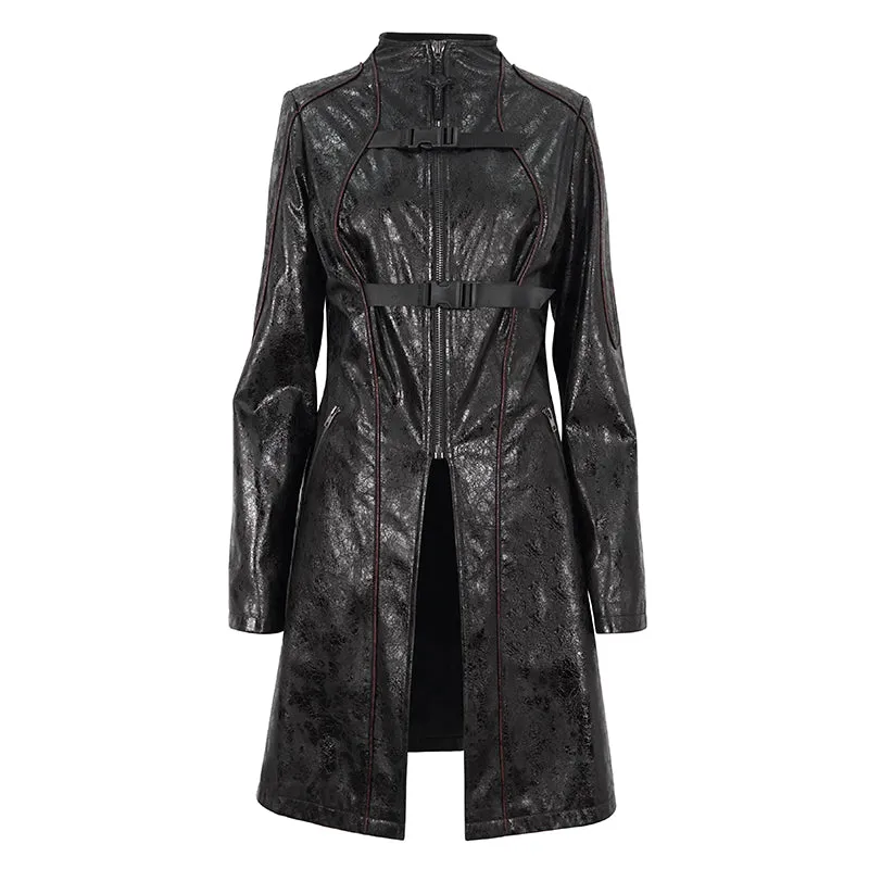 CT21301 Irregular rubberized faux leather contrasting stripe jacket