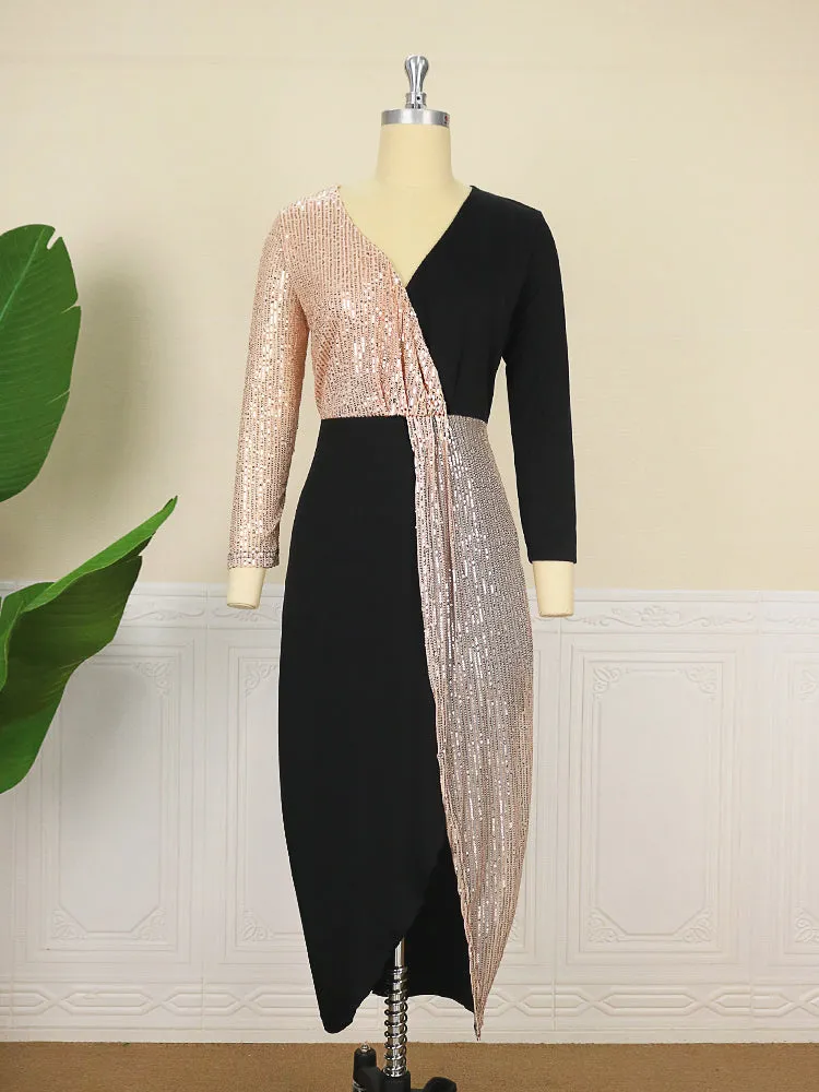 Elegant V Neck Long Sleeve Sexy Slit Wrap Dress
