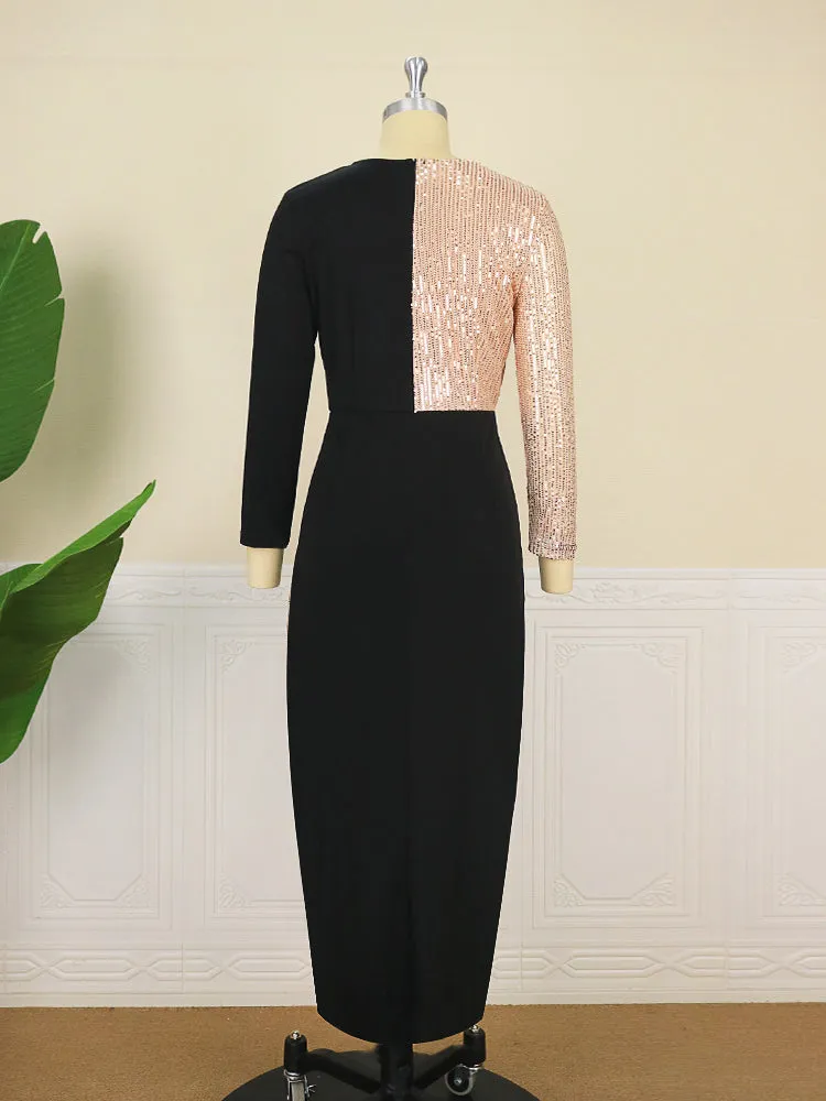 Elegant V Neck Long Sleeve Sexy Slit Wrap Dress