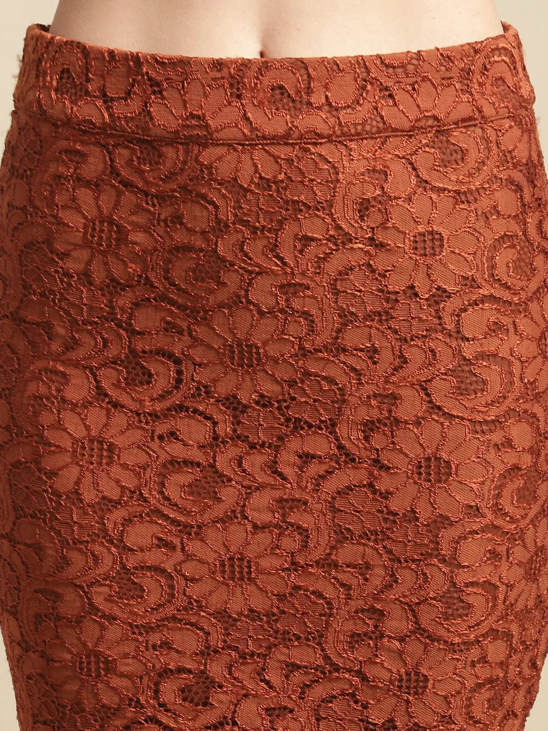 Orange 3Pc Lace Pencil Skirt With Organza Top