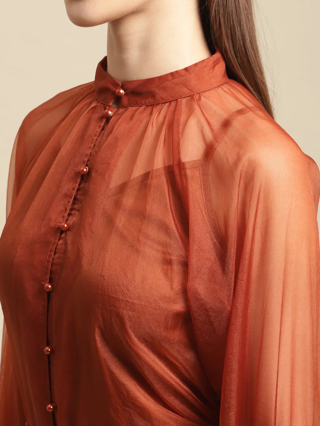 Orange 3Pc Lace Pencil Skirt With Organza Top