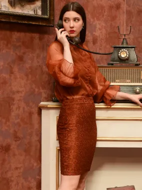 Orange 3Pc Lace Pencil Skirt With Organza Top