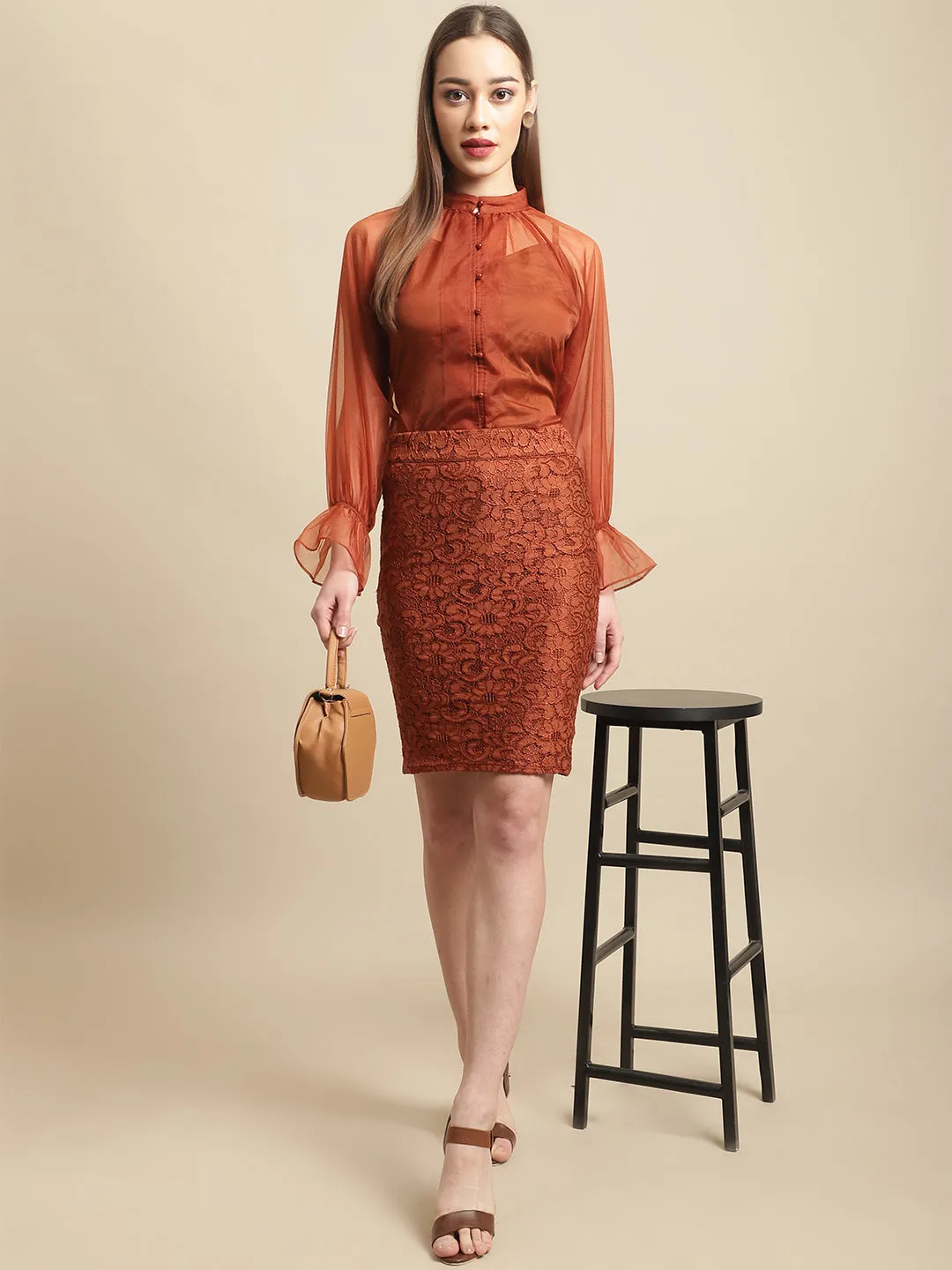 Orange 3Pc Lace Pencil Skirt With Organza Top