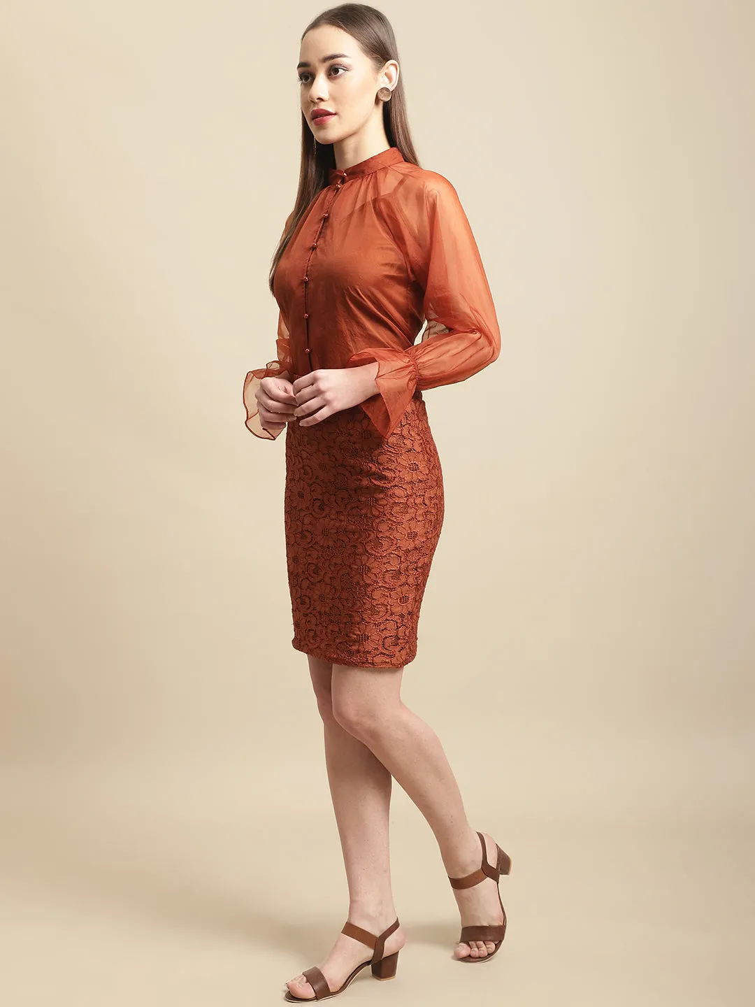 Orange 3Pc Lace Pencil Skirt With Organza Top