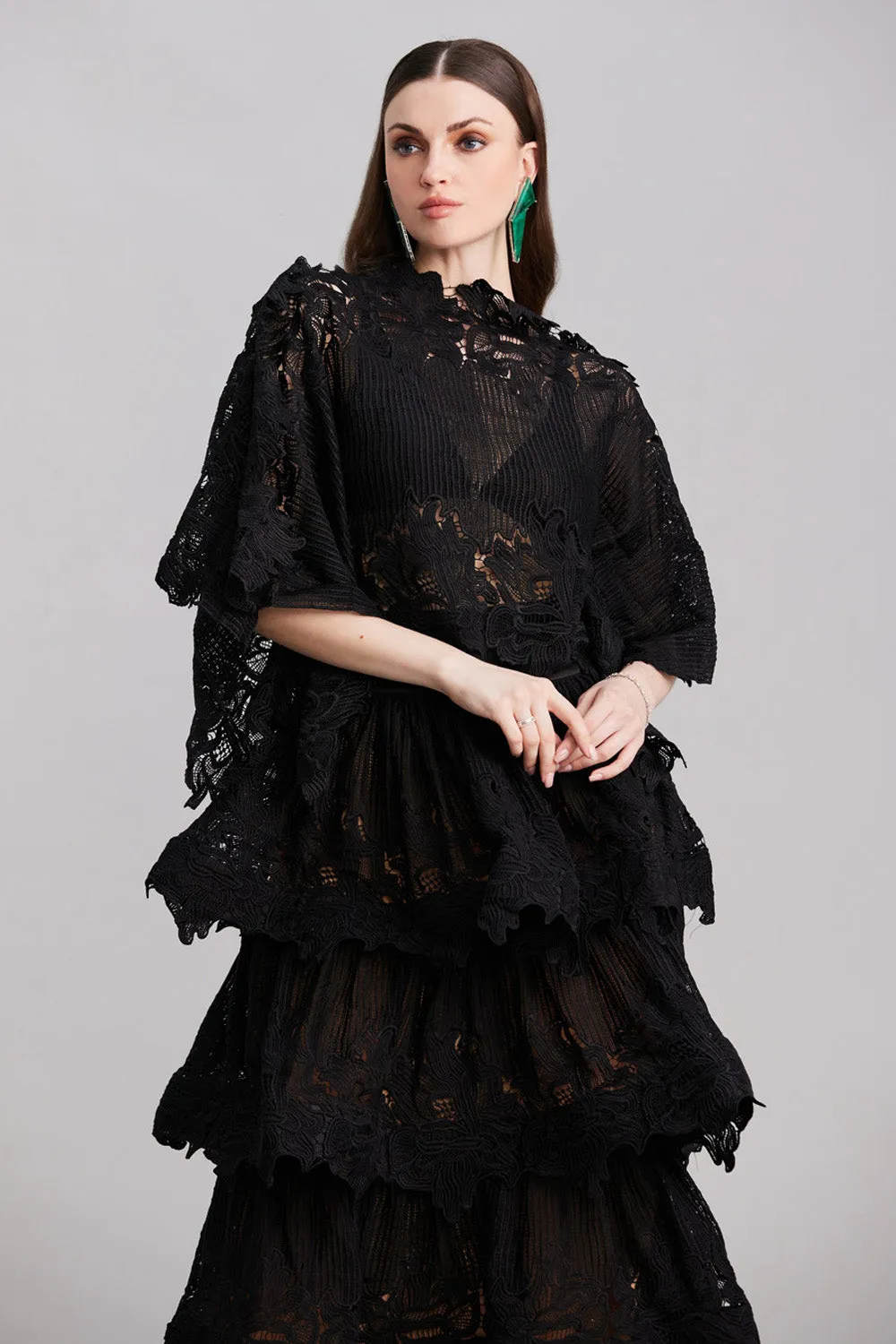 Scallop Black Layered Top & Skirt Set