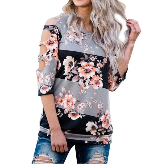 Sexy Hole T-shirt Women Off Shoulder Shirt Casual Loose Tops Ladies Floral Printing Multicolor 2017 Hot Summer Shirt	Femme