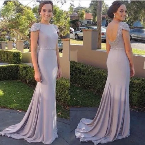 Silver Grey Mermaid Long Modest Prom Dress