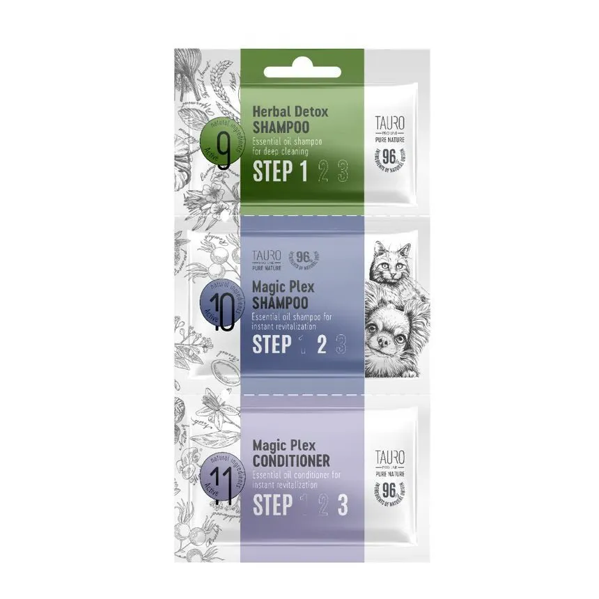 Tauro Pro Line Pure Nature Herbal Detox   Magic-Plex 3 Step Dog & Cat Shampoo And Conditioner Sample Set For Revitalization