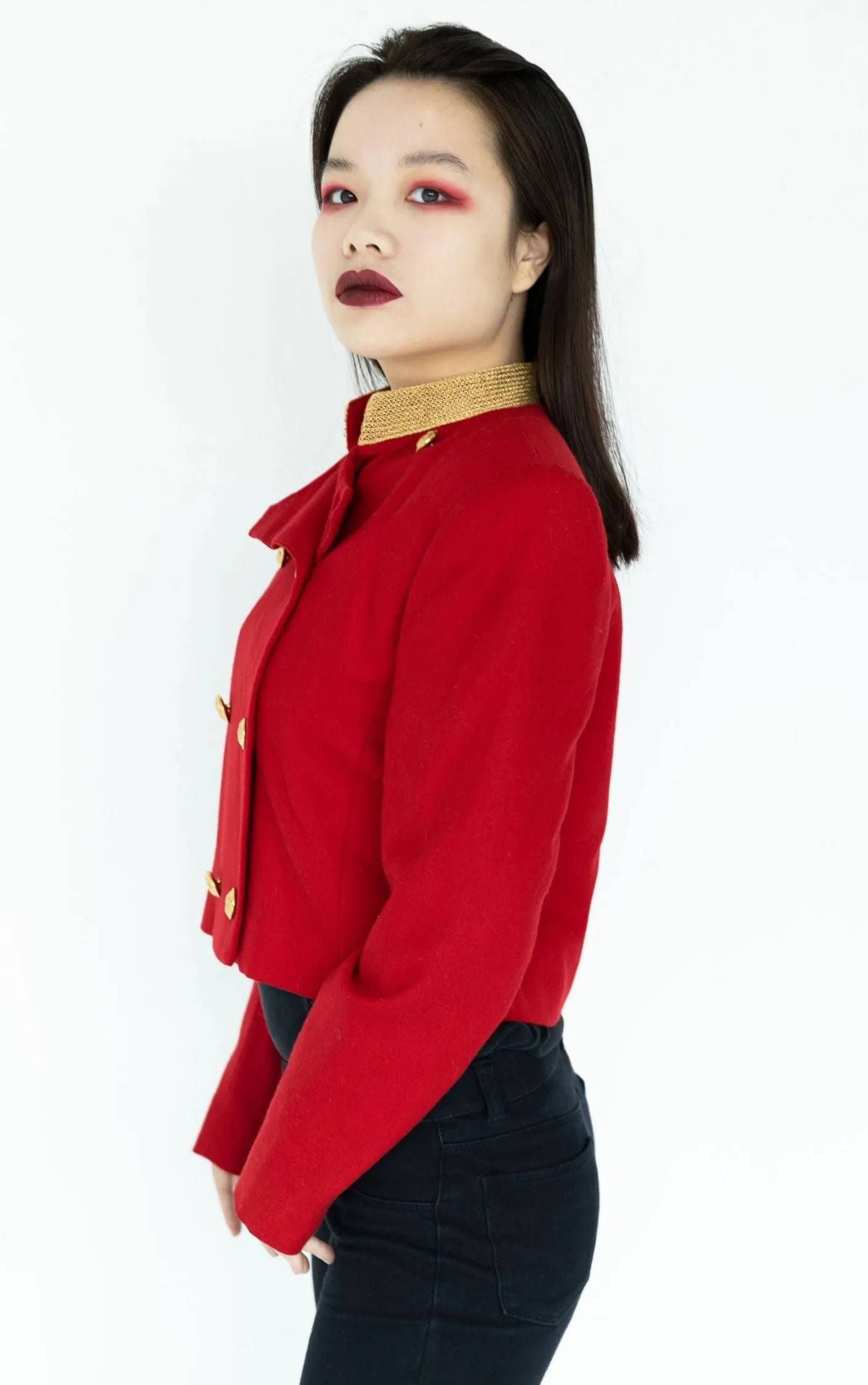 VINTAGE Red Wool Military Buttoned Glam Rock Jacket